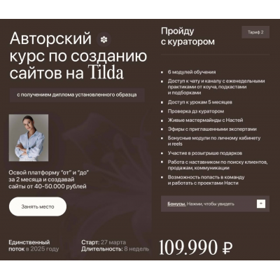 Авторский курс по созданию сайтов на Tilda. Тариф Пройду с куратором. Анастасия Ерышева, An.agency