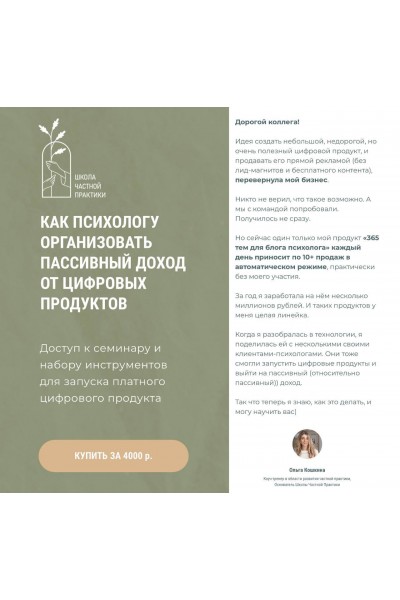 Как психологу организовать пассивных доход от цифровых продуктов. Тариф самостоятельный. Ольга Кошкина, Кирилл Кошкин